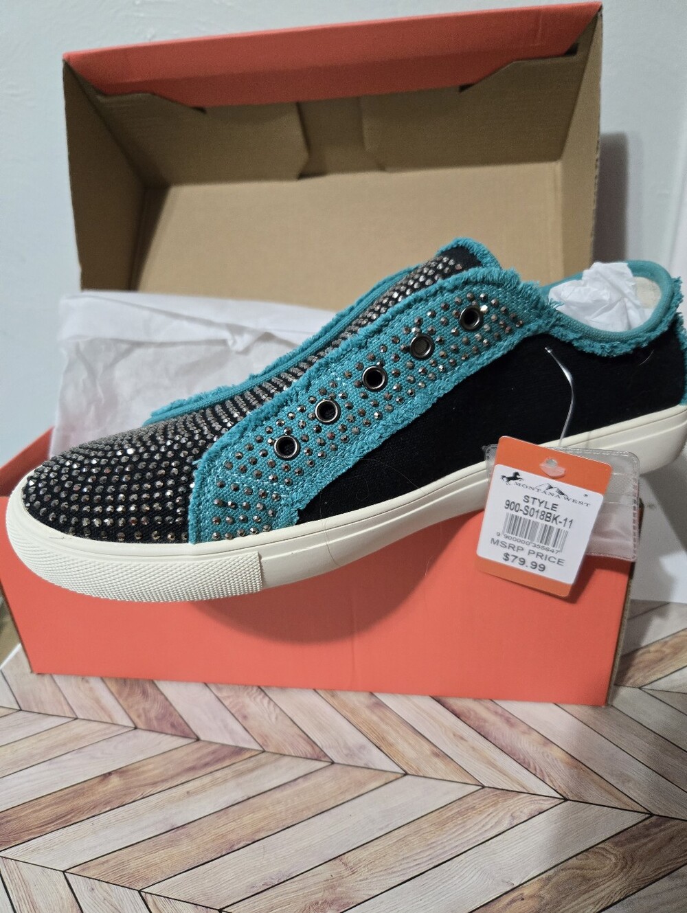 Womens Montana West Black & Teal Crystal Slip-On Sneakers